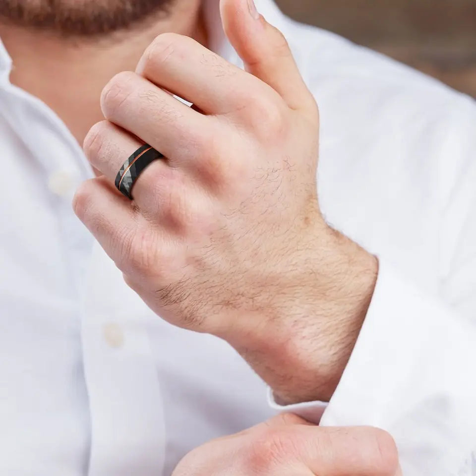 Hammered Finish Rose Tungsten Carbide Grooved Ring