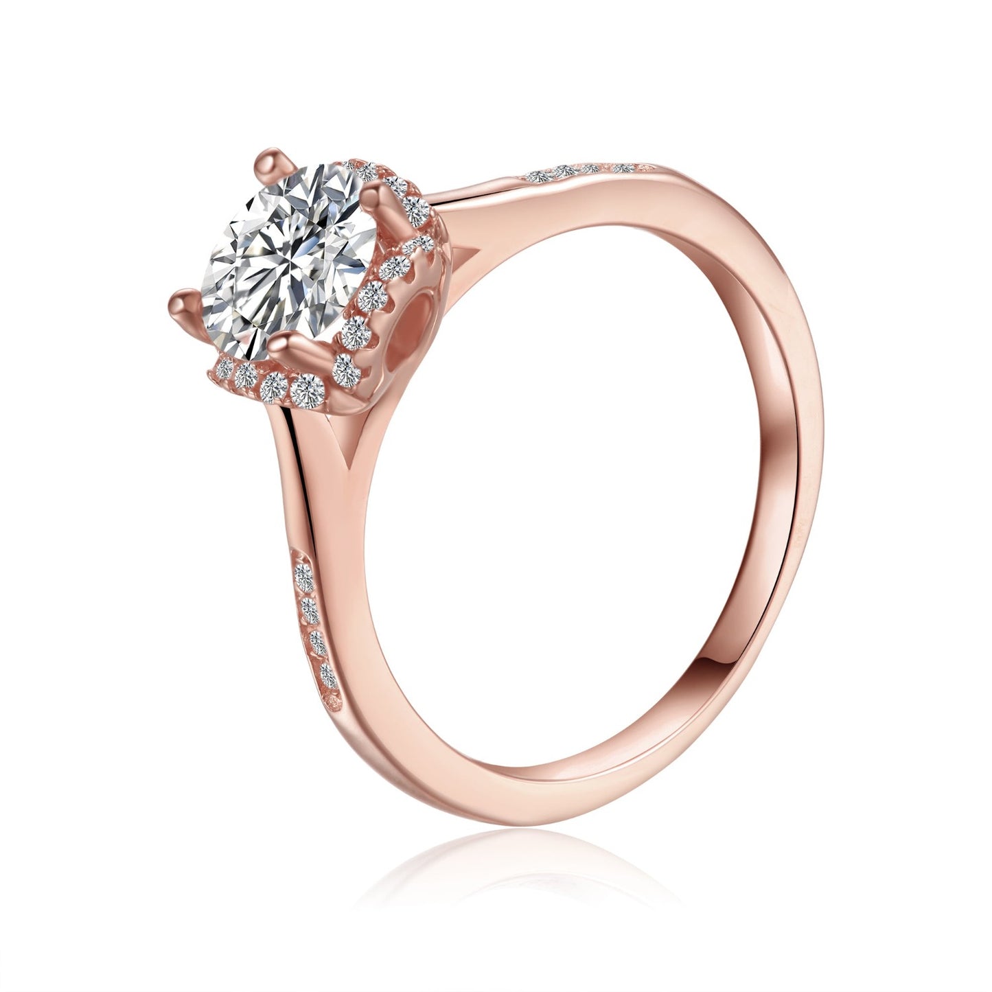 Stylish 9ct rose gold engagement ring showcasing a 1.00ct moissanite in a modern halo setting.
