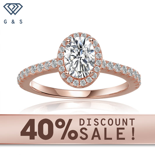 Oval cut halo engagement ring featuring a 1.00ct moissanite, set in 9ct rose gold.