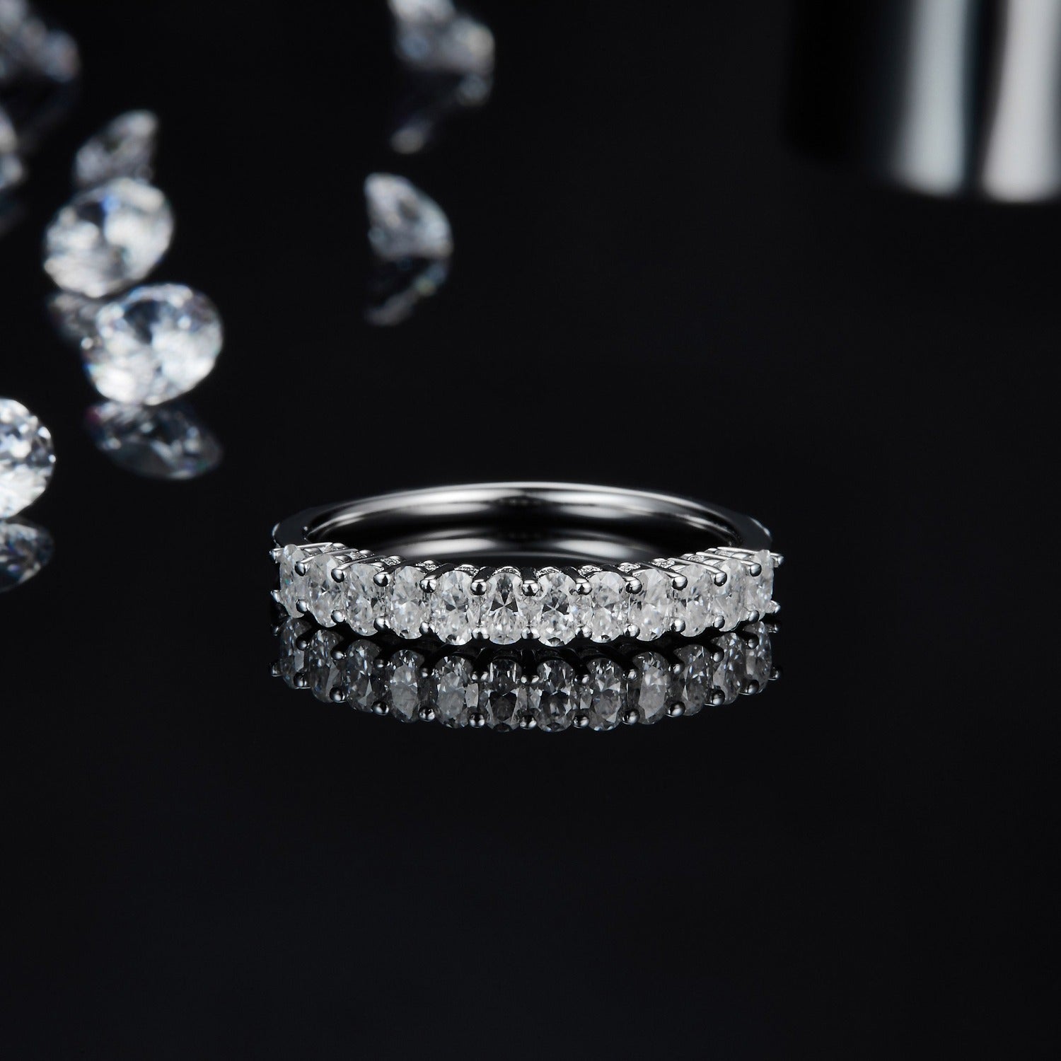 Oval Cut Moissanite Half Eternity Wedding Band Set in Sterling