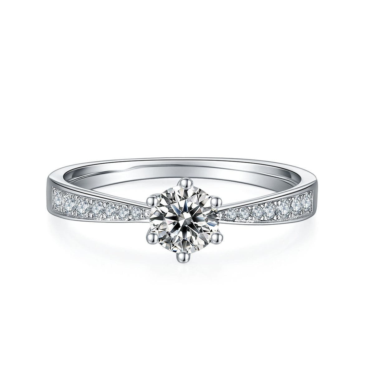 A sparkling 0.50ct moissanite solitaire in a traditional 6-claw setting, paired with a delicate pave band, crafted in polished sterling silver.