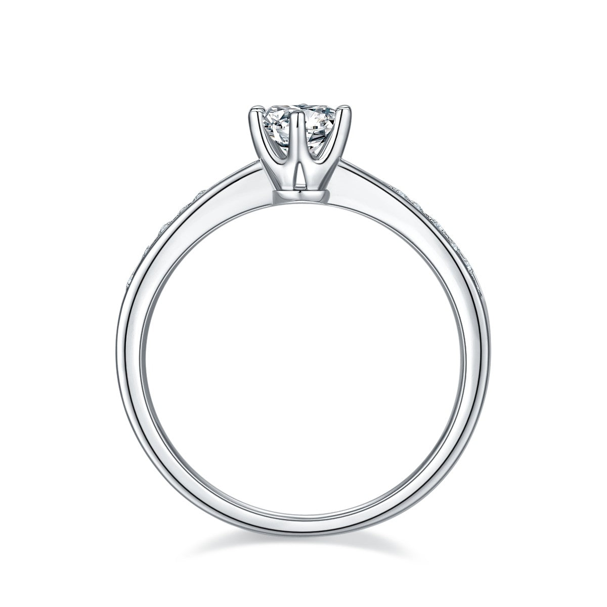 Elegant engagement ring featuring a 0.50ct moissanite held by six prongs, with a pave-adorned band, beautifully set in sterling silver.