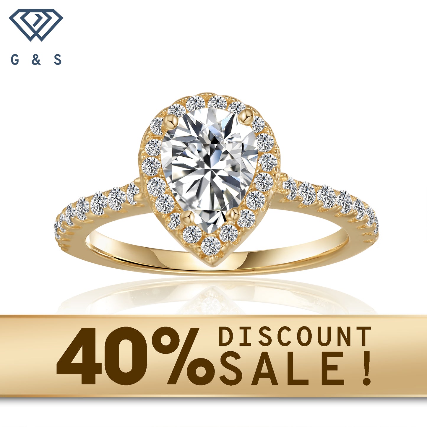 A 1.25ct pear-shaped moissanite sparkles within a delicate halo setting on a warm 9ct yellow gold band.