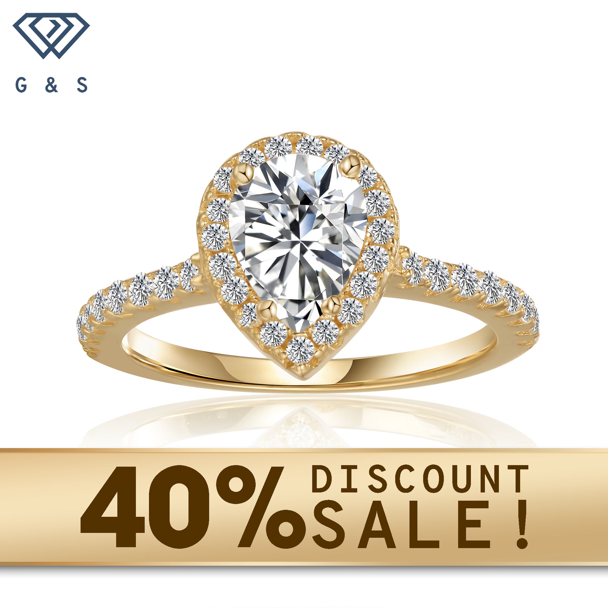A 1.25ct pear-shaped moissanite sparkles within a delicate halo setting on a warm 9ct yellow gold band.