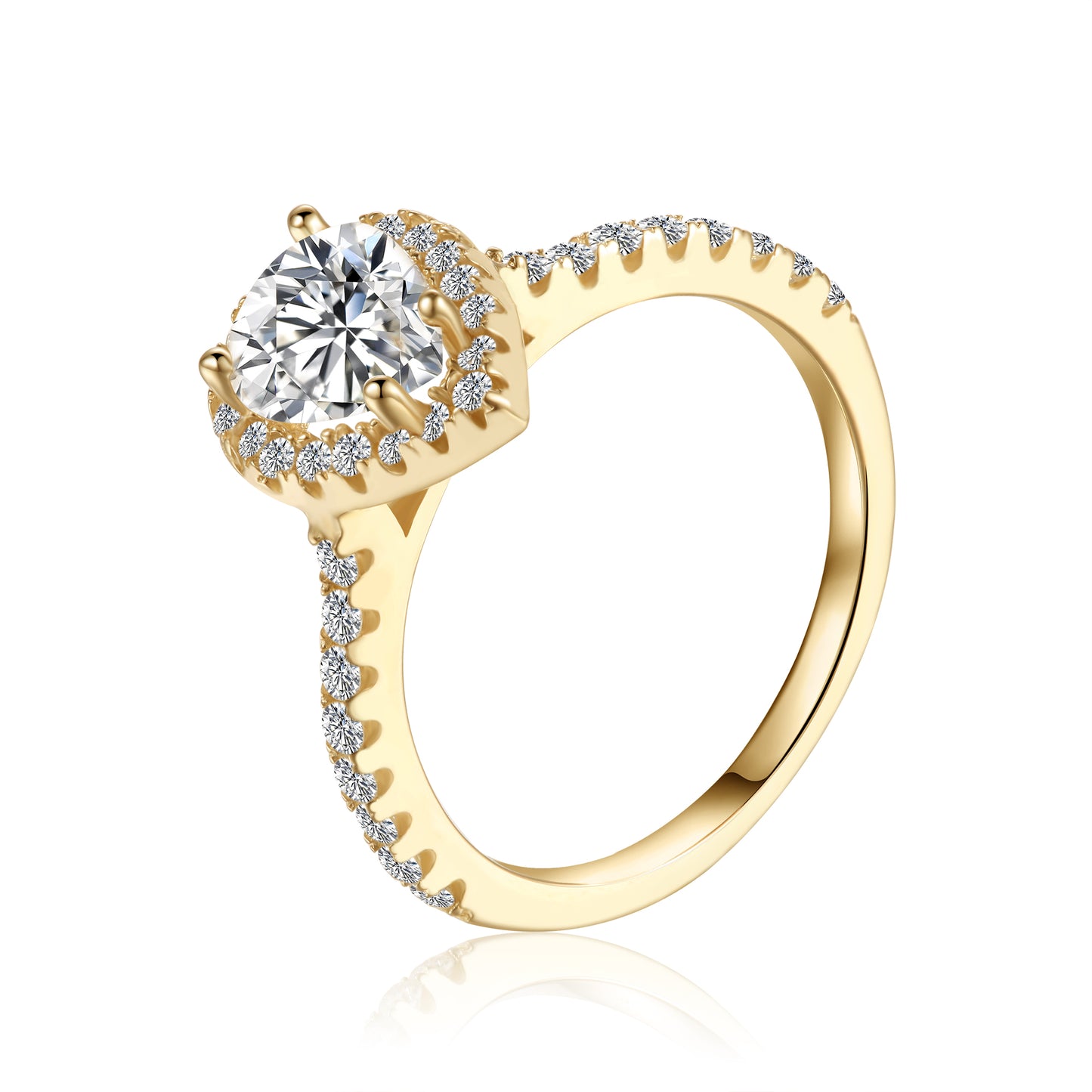 This engagement ring features a beautifully cut pear-shaped moissanite surrounded by a dazzling halo, set in 9ct yellow gold.