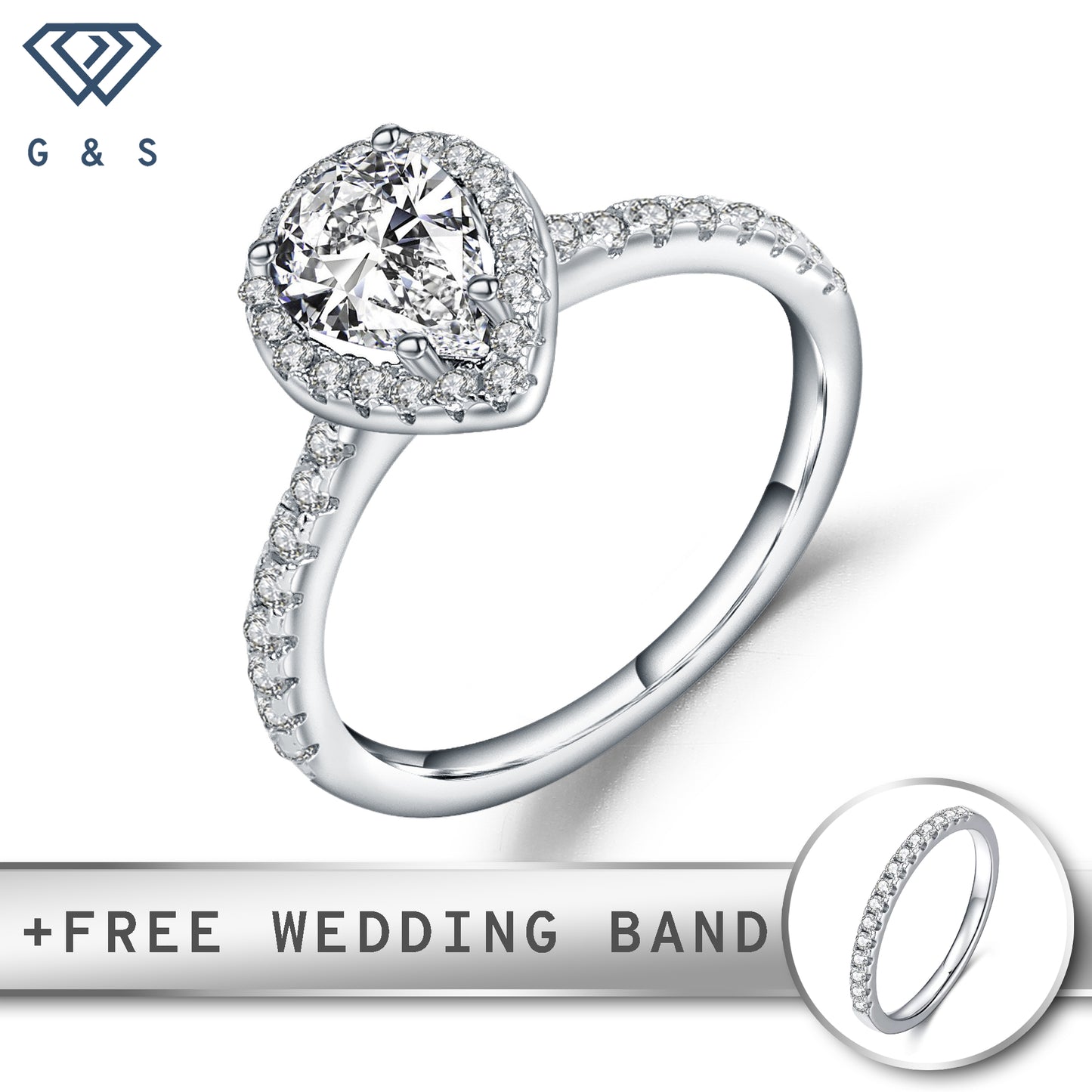 A delicate sterling silver engagement ring featuring a 1.25ct pear-shaped moissanite surrounded by a sparkling halo.