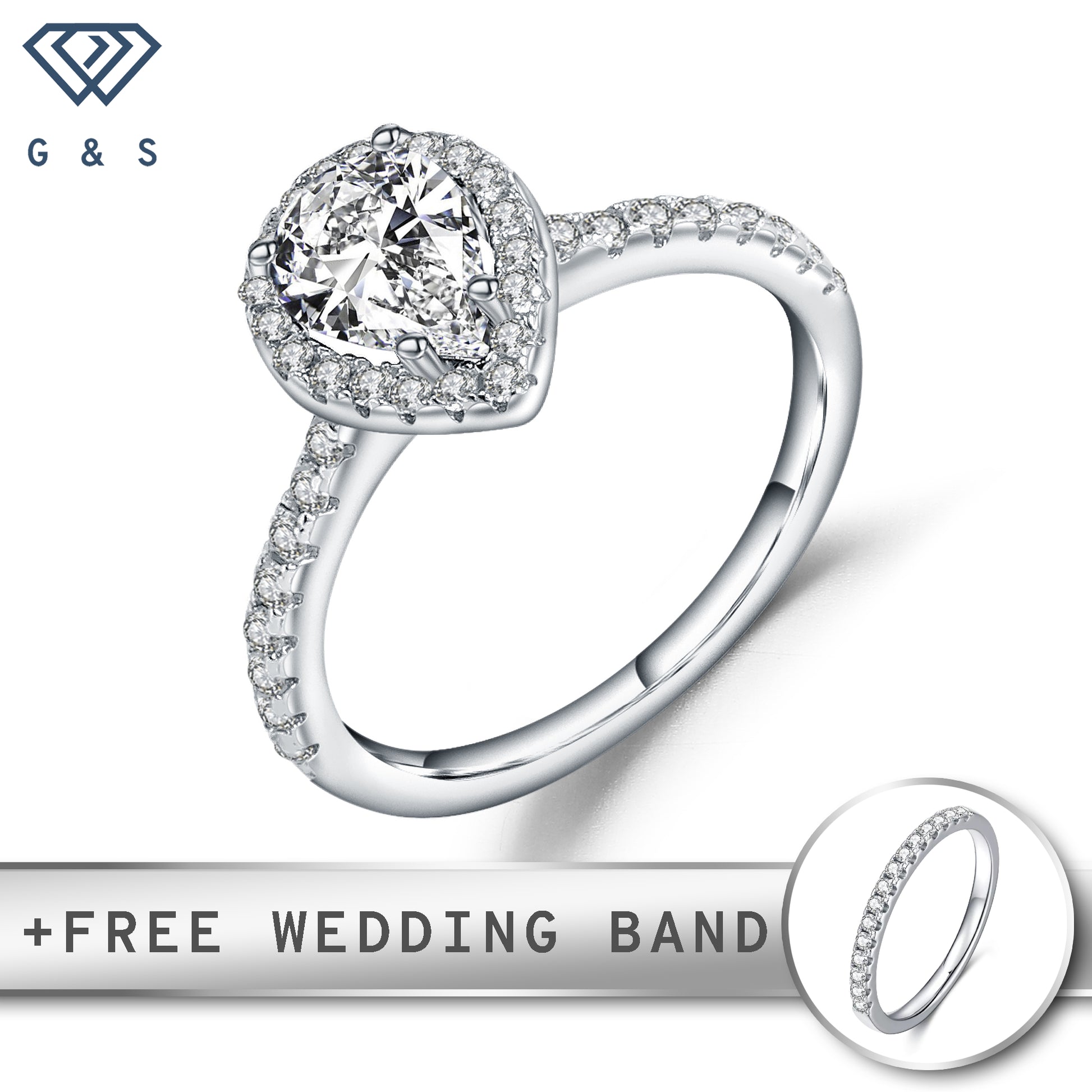 A delicate sterling silver engagement ring featuring a 1.25ct pear-shaped moissanite surrounded by a sparkling halo.