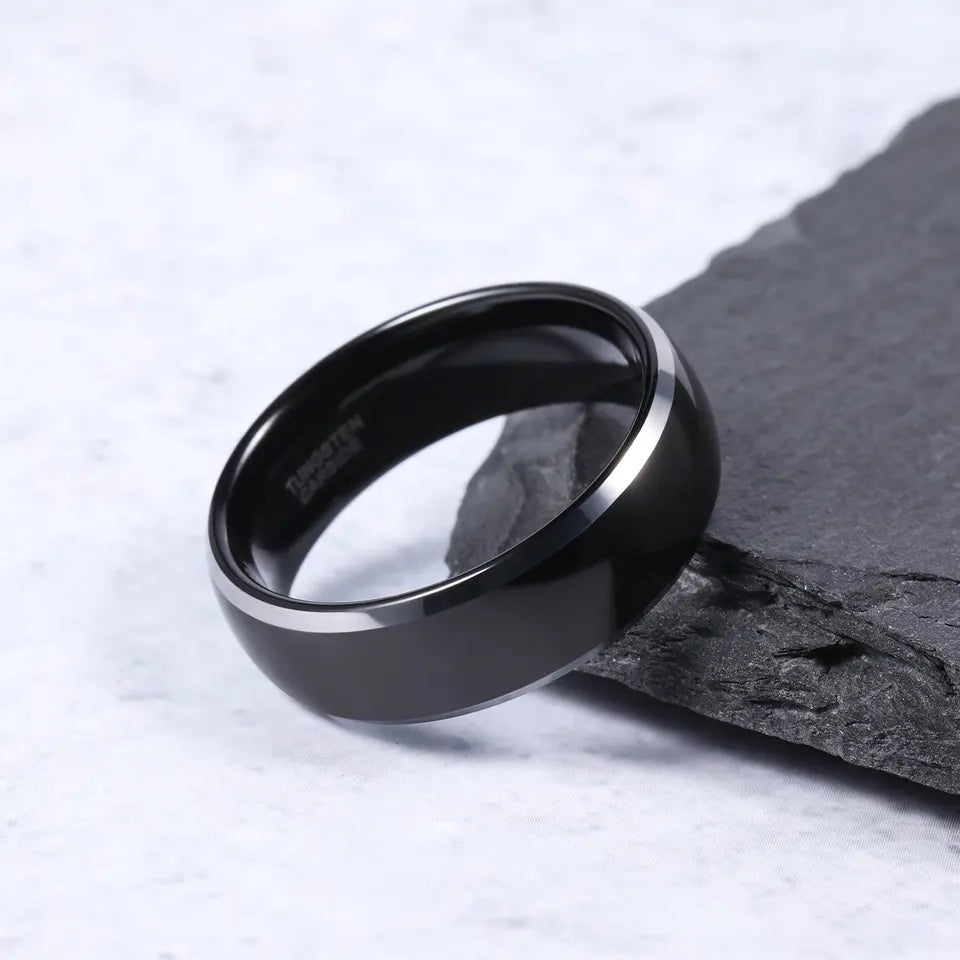 Beveled Edge Black Tungsten Ring With Silver Detail