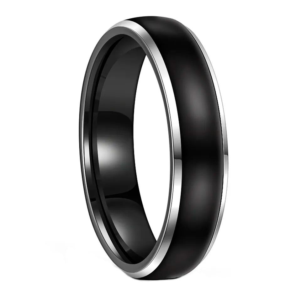 Beveled Edge Black Tungsten Ring With Silver Detail