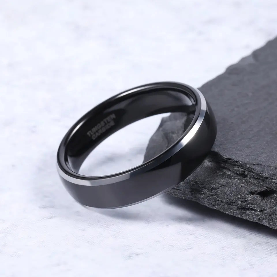 Beveled Edge Black Tungsten Ring With Silver Detail