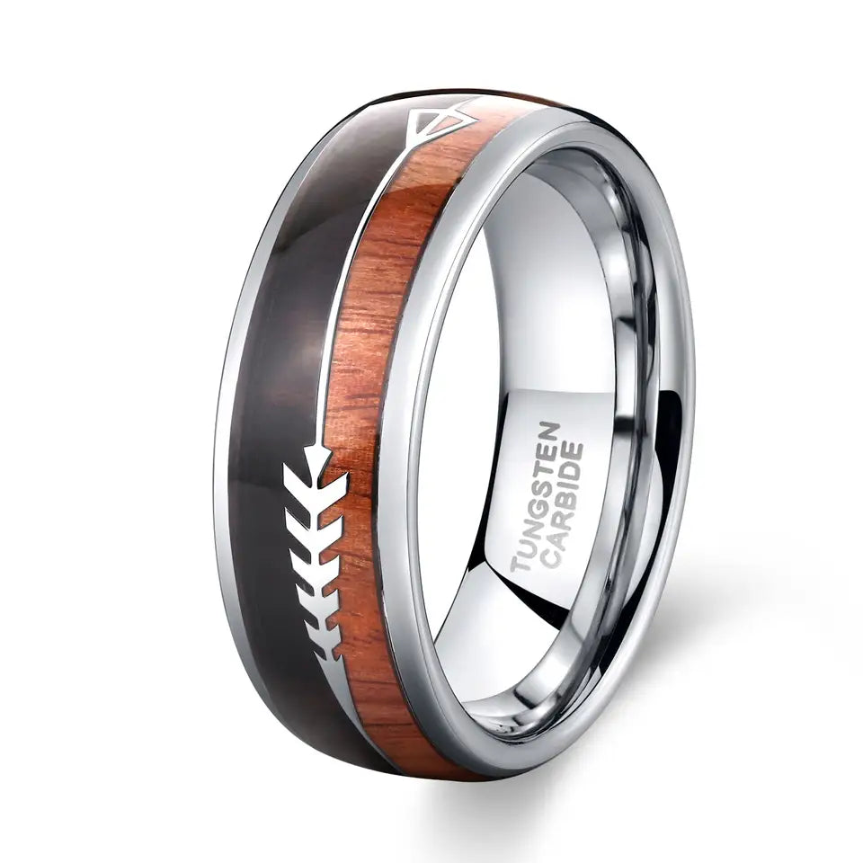 Koa Zebra Wood And Deer Antler Tungsten Carbide Ring with Viking Arrow Detail