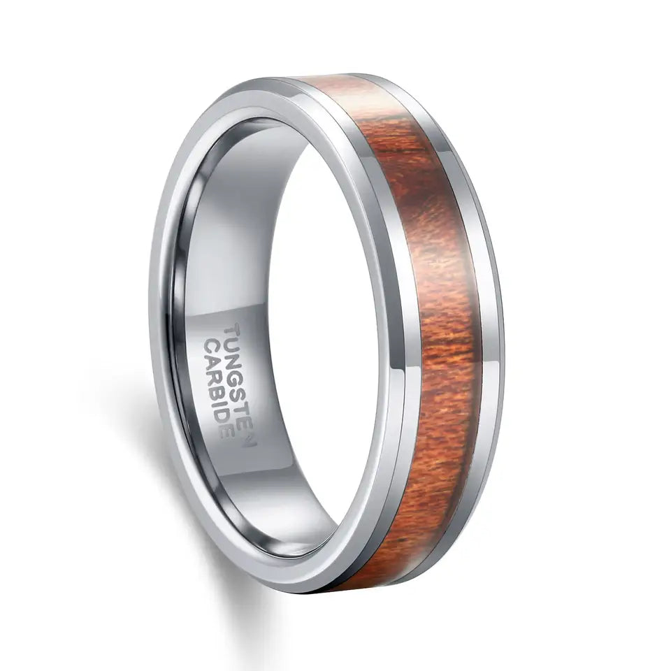Silver Tungsten Carbide Ring With Wood Inlay