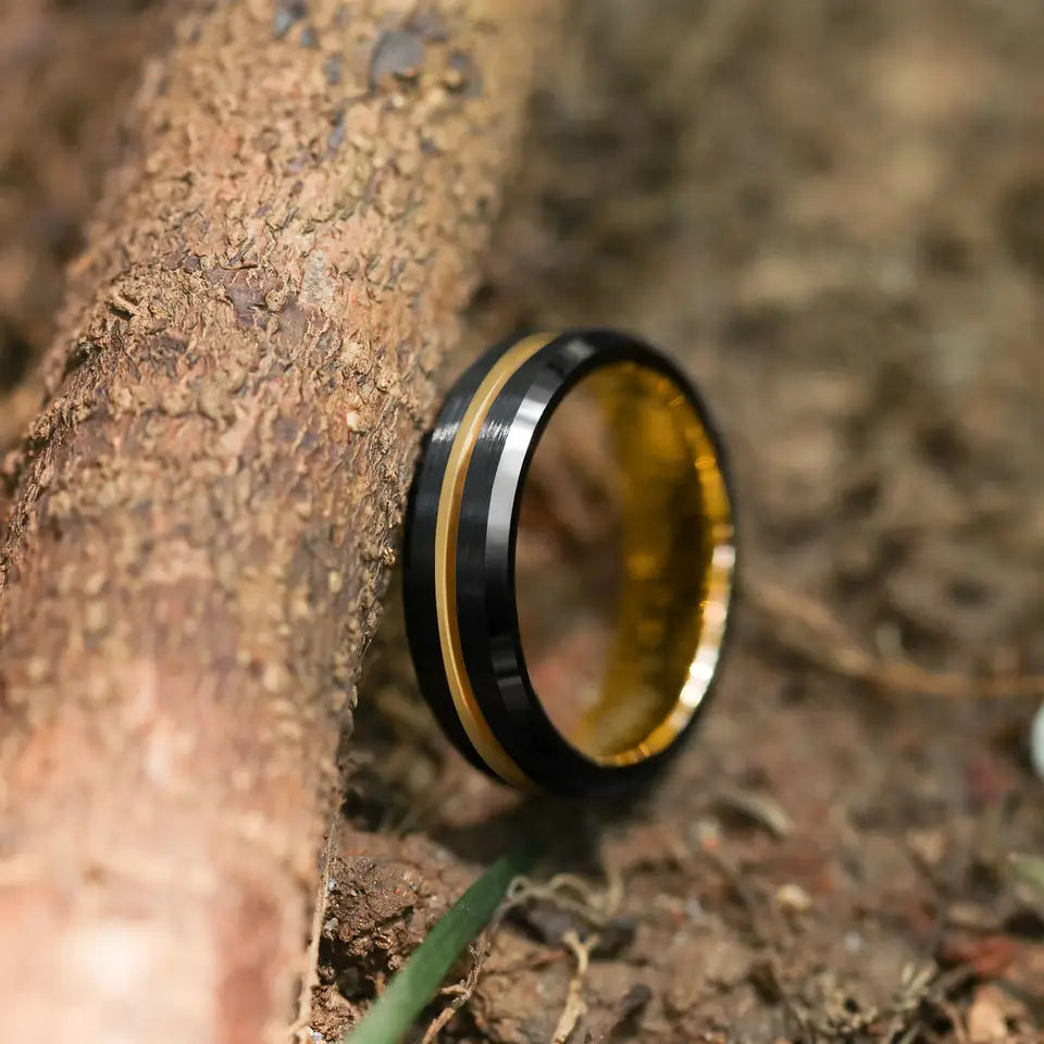 Yellow Gold Centre Groove Tungsten Ring