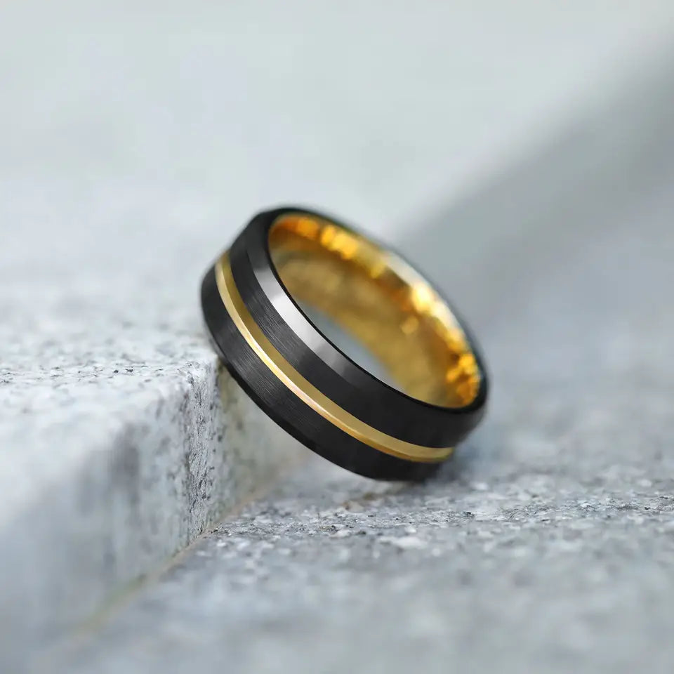 Yellow Gold Centre Groove Tungsten Ring